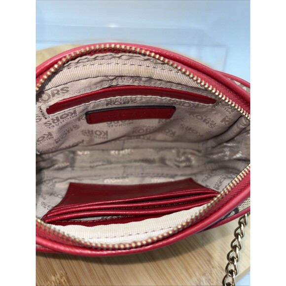 Michael Kors Tan Monogram Mini Crossbody Bag Red Leather Trim Chain Strap - Picture 5 of 12